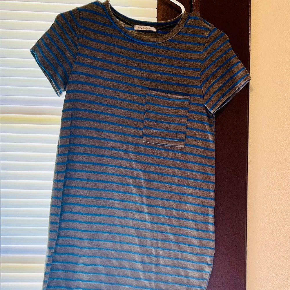 Caralase blue and grey striped picket women’s t-shirt